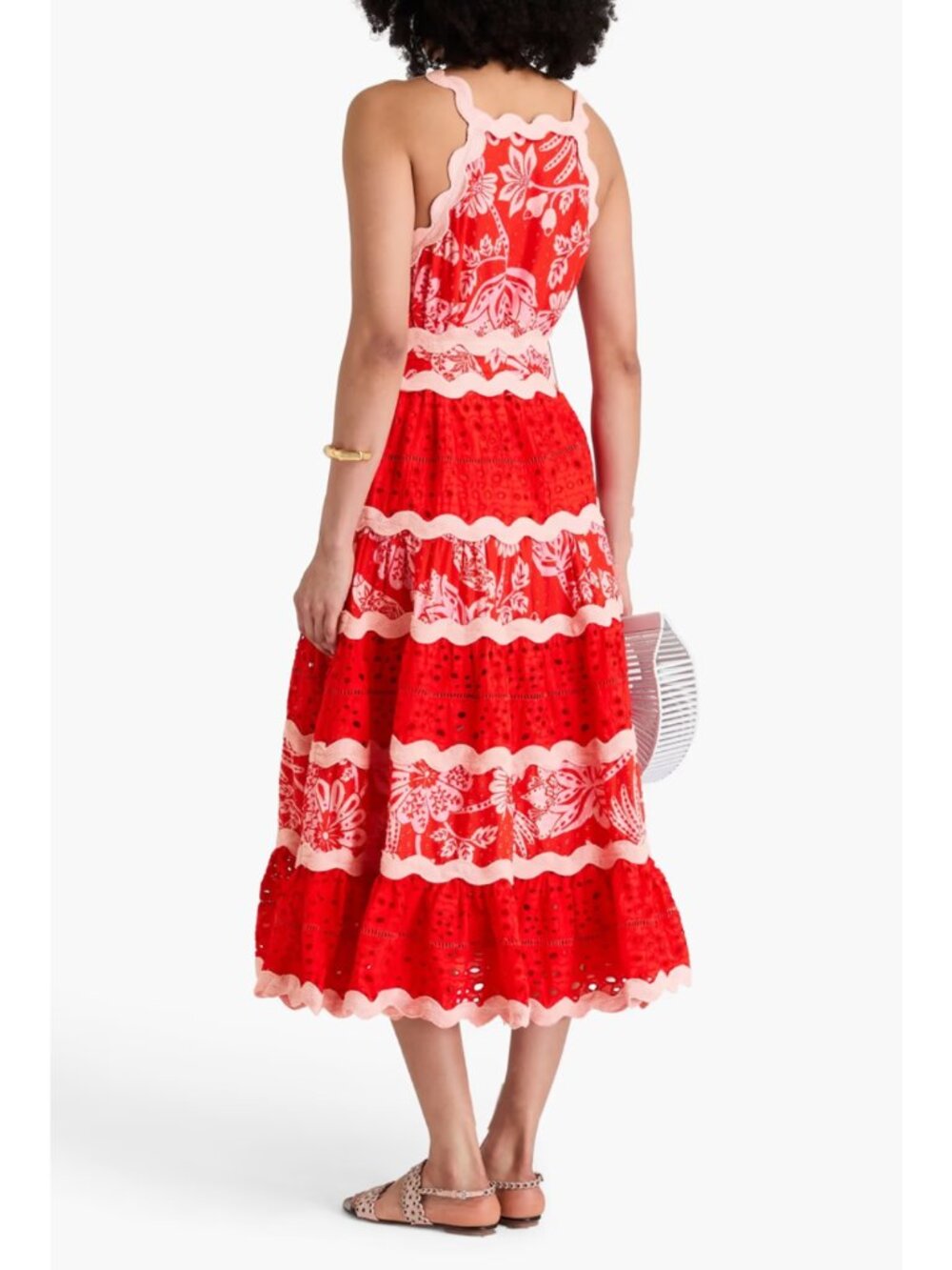 FARM RIO Flowerful Birds Maxi Dress XL NWT Red Pink Eyelet Lace V-Neck Plunge - Picture 8 of 13